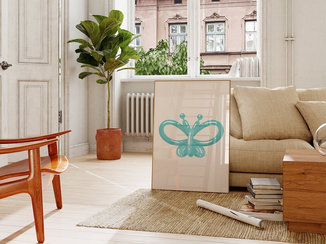 Teal Balloon Butterfly Minimalist Poster Cute Boho Kids Room Wall Art - Image 4