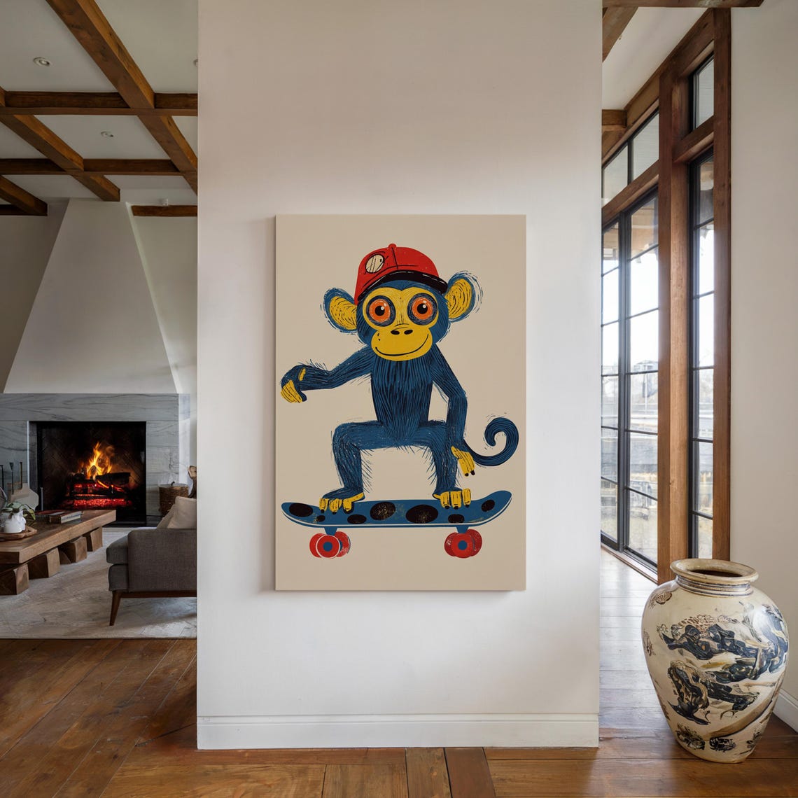 Playful Blue Monkey With Red Cap Riding A Skateboard Kids Wall Art - Image 4