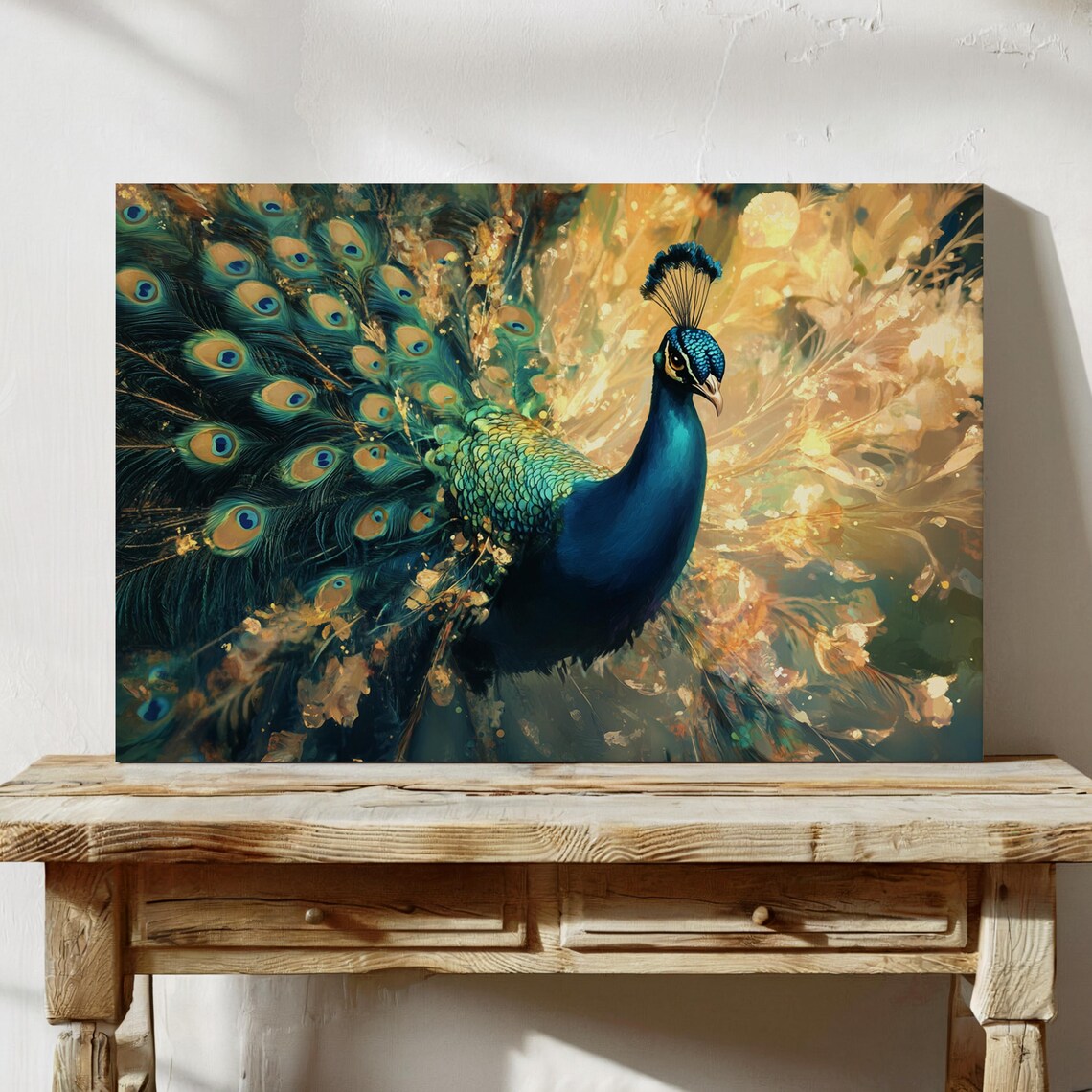 Peacock With Fanned Tail Golden Teal Majestic Radiant Bird Wall Art - Image 4