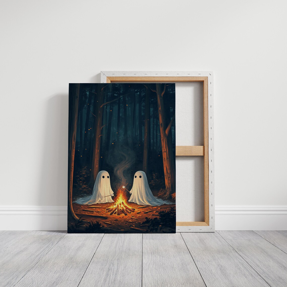 Two Cute Ghosts Campfire Marshmallows Dark Forest Halloween Wall Poster - Image 3