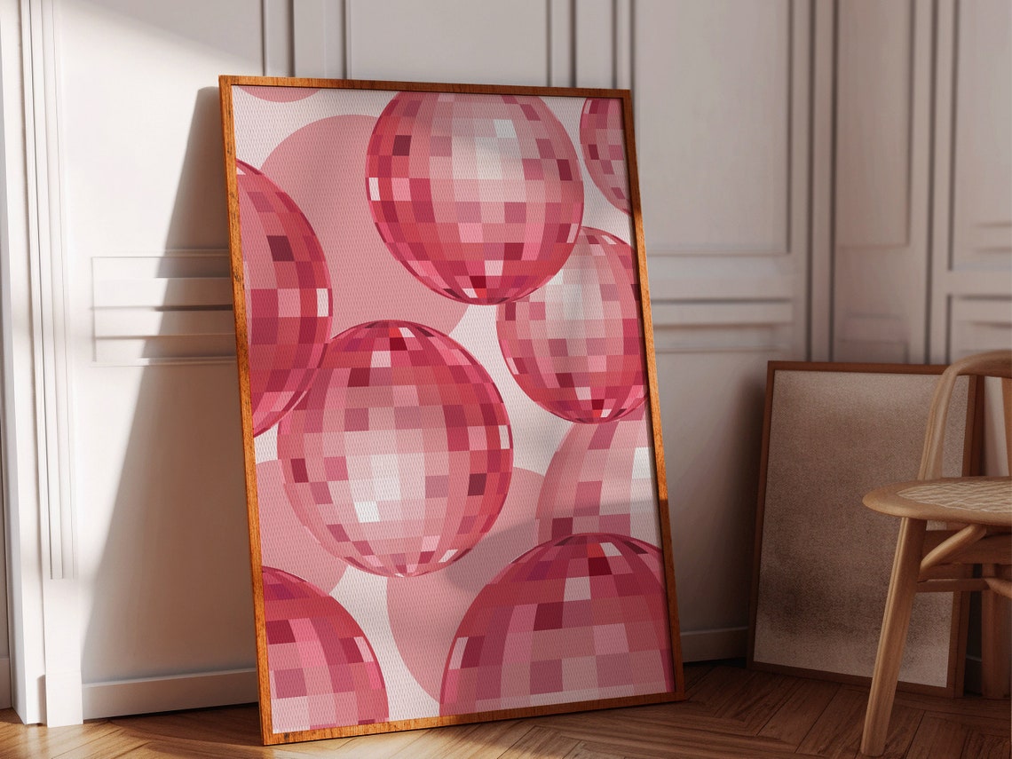 Pink Disco Ball Pattern Retro Mirrored Party Wall Art Poster
