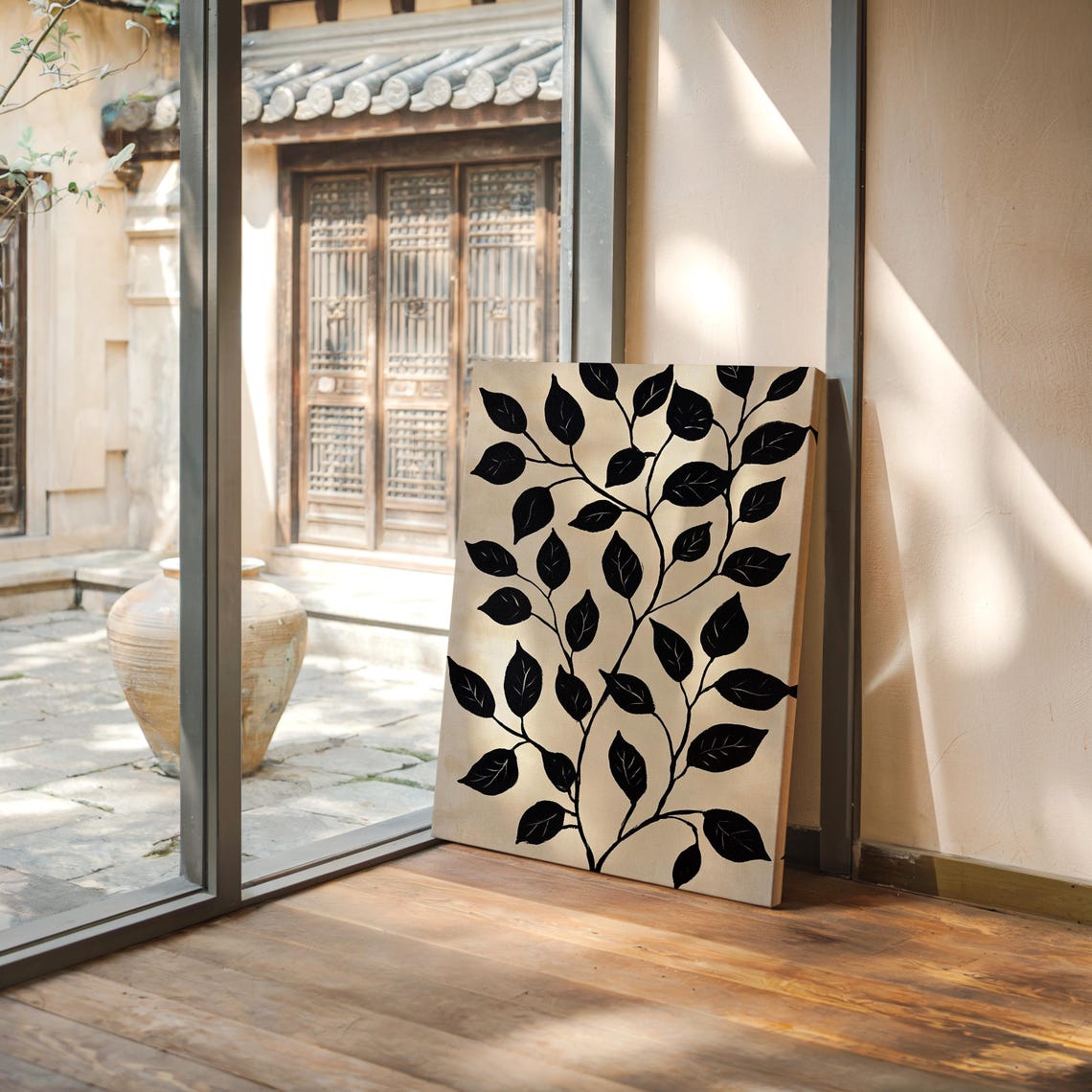 Minimalist Black Leaf Branch Artwork With Bold Contrast And Elegant Lines On A Neutral Textured Background For Modern Interiors - Image 3