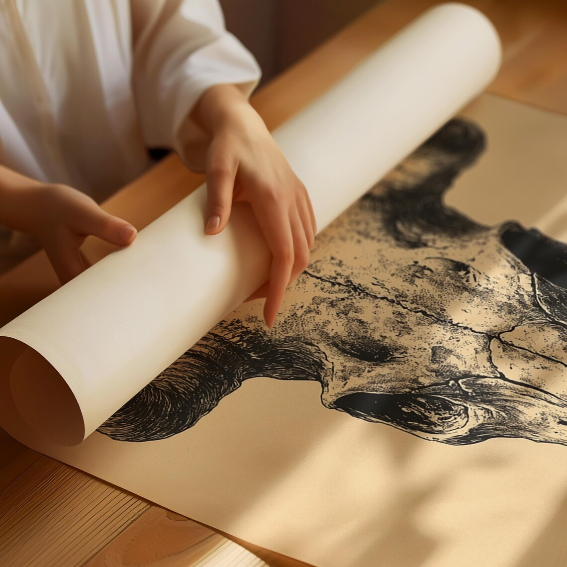 Rustic Buffalo Skull With Long Horns Western Ink Illustration Poster - Image 3