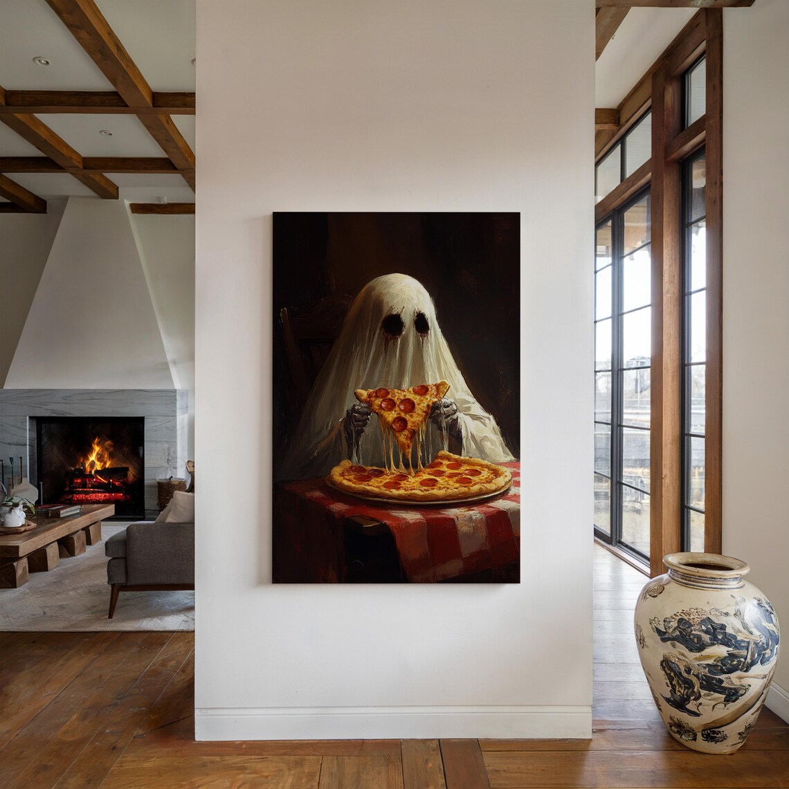 Creepy Ghost Eating Pizza, Horror Foodie Art Print - Image 5