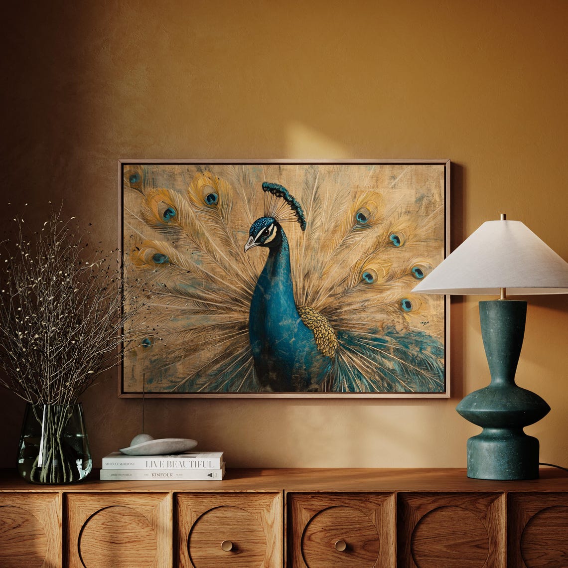 Vintage Peacock With Fanned Tail Teal Gold Elegant Bird Wall Art - Image 5