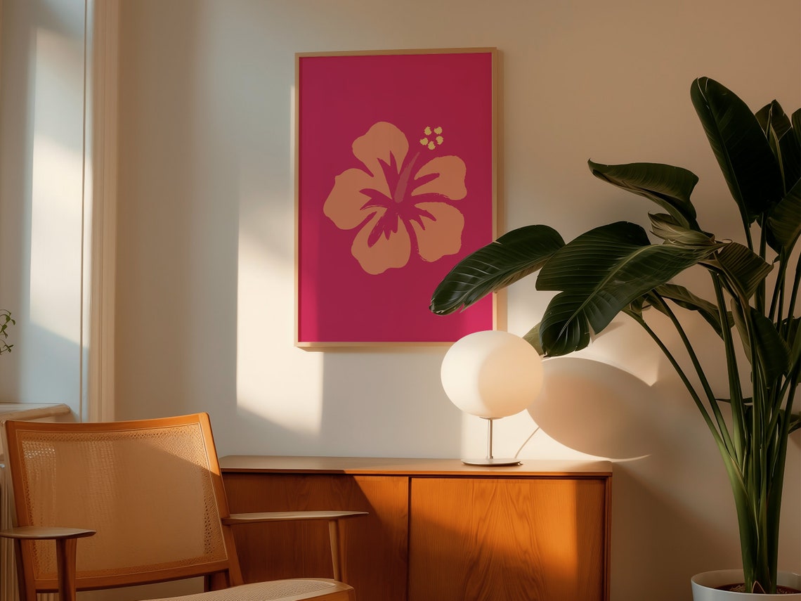 Peach Hibiscus Bloom Deep Magenta Tropical Botanical Statement Poster - Image 2