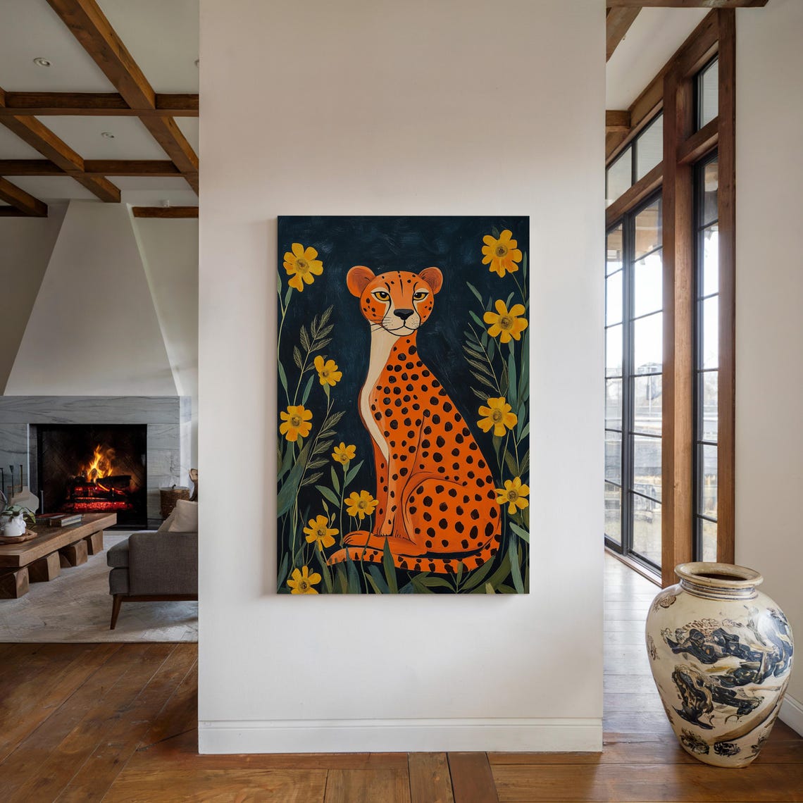 Vibrant Cheetah Art Print With Yellow Flowers Bold Jungle Inspired Wall Decor - Image 2