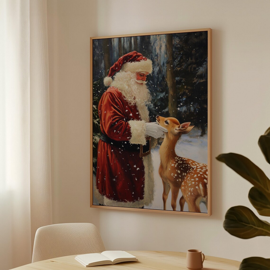 Santa Claus With Spotted Fawn In Snowy Winter Forest Christmas Poster