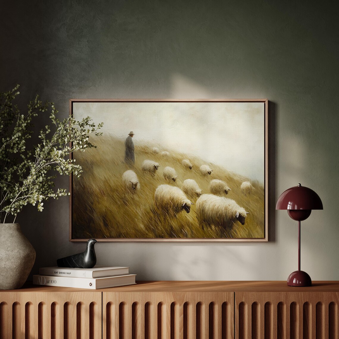 Shepherd With Sheep Flock Misty Golden Meadow Pastoral Landscape Print - Image 5