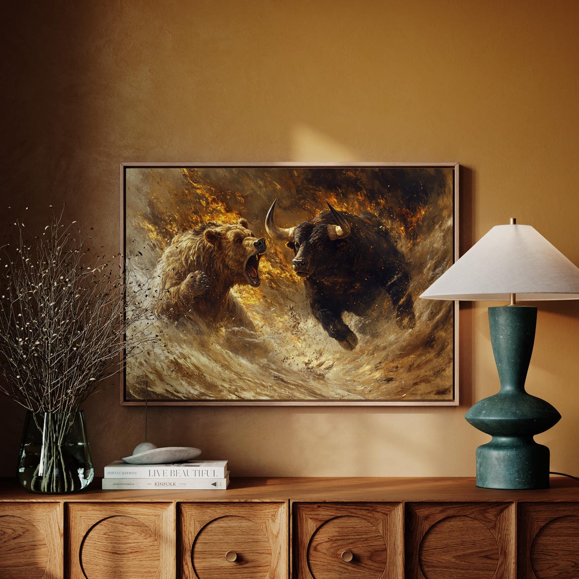 Bear And Bull Clash Dramatic Golden Stock Market Battle Art Print - Image 4