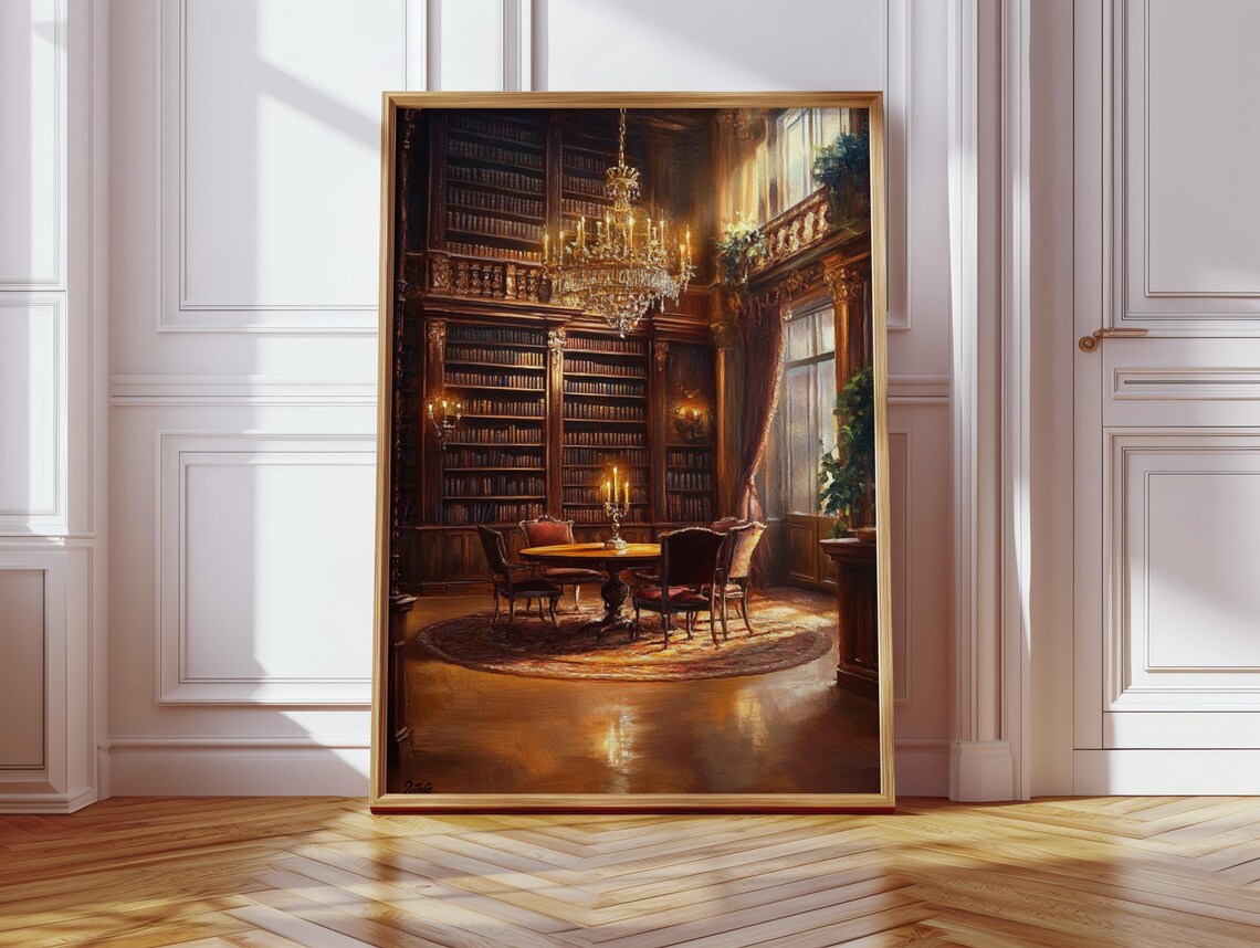Grand Library Interior Chandelier Books Regal Room Art Poster - Image 4