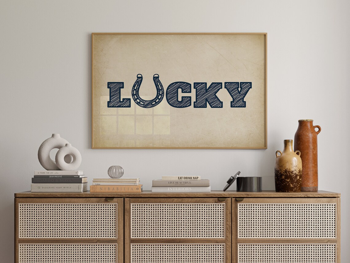 Lucky Horseshoe Letter Typography Navy Cream Western Quote Art Poster - Image 2