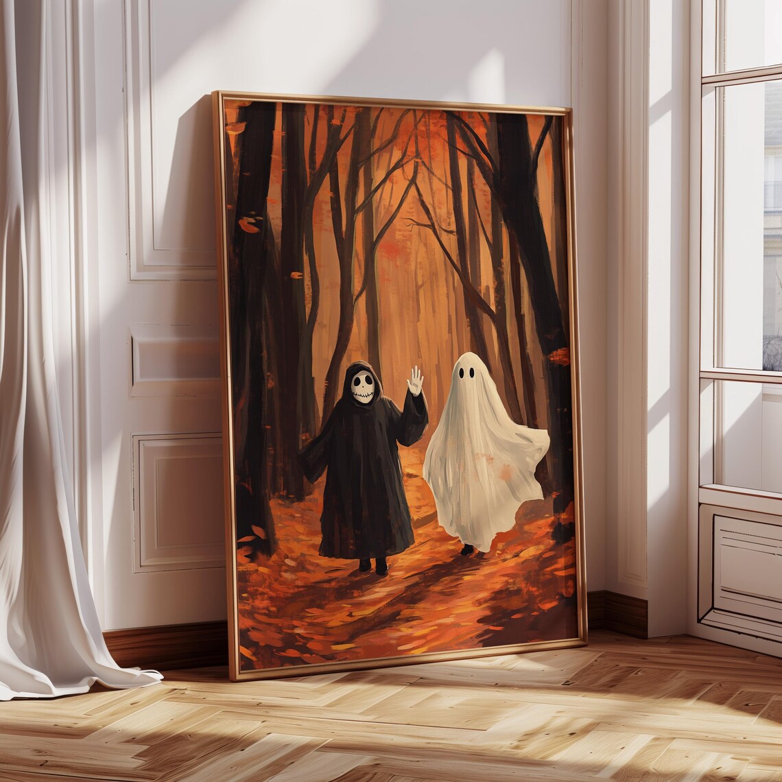 Ghost And Skeleton Friends Strolling In Fiery Autumn Forest Poster - Image 3