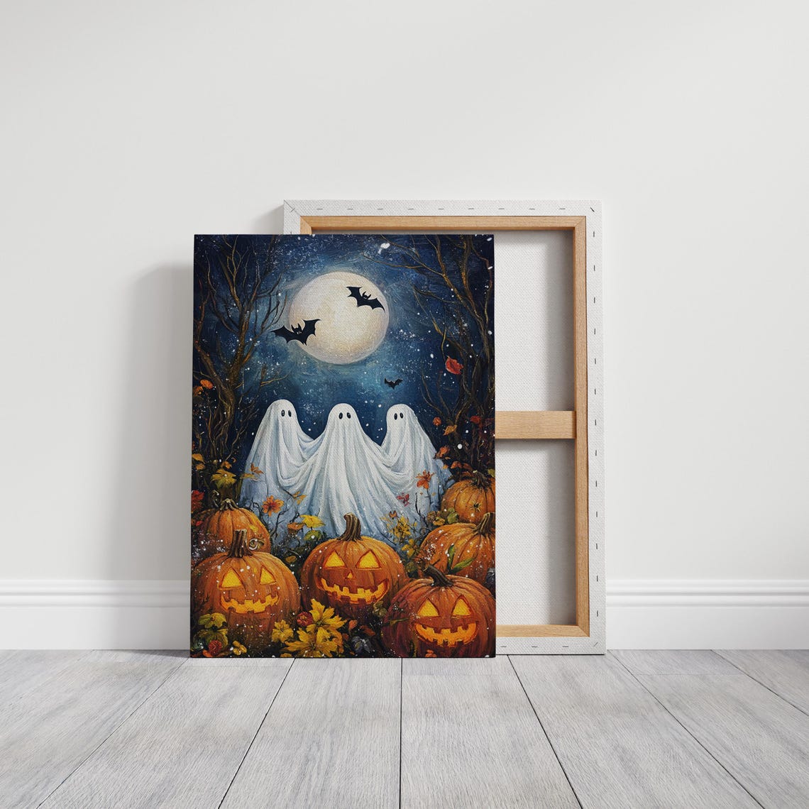 Three Cute Ghosts With Jack O Lanterns Full Moon Halloween Poster - Image 3