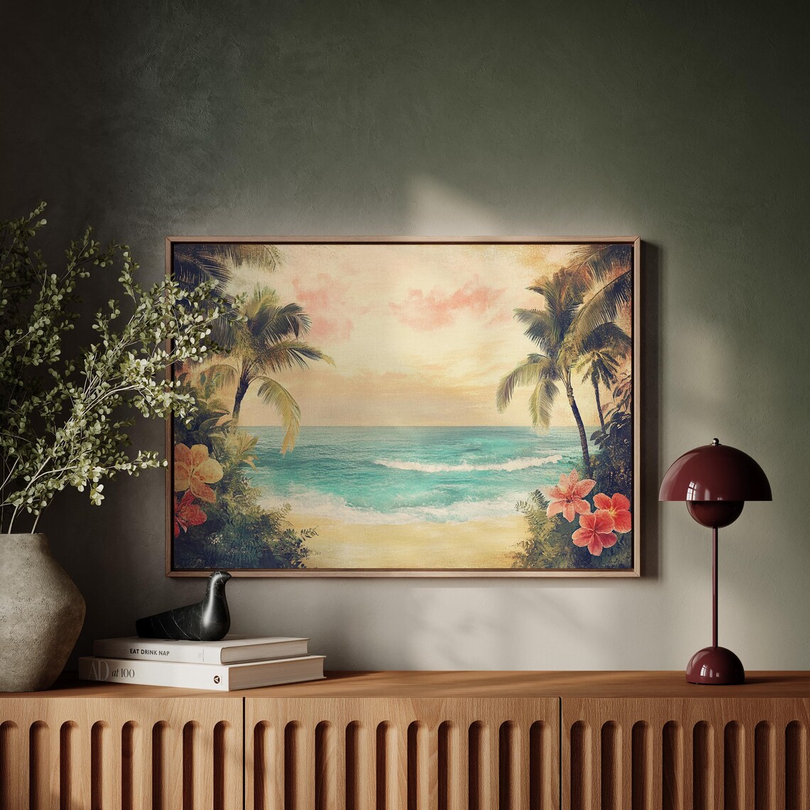 Vintage Tropical Beach Hibiscus Flowers Palm Ocean Retro Travel Poster - Image 4