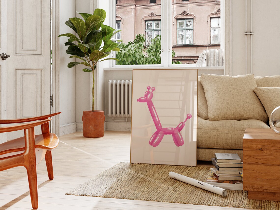 Pink Balloon Giraffe Minimalist Trendy Boho Kids Room Poster - Image 2