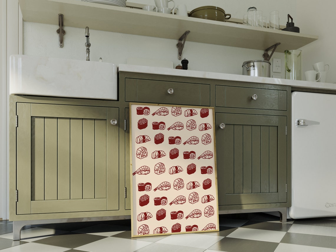 Retro Sushi Pattern Rows Red Cream Japanese Kitchen Wall Print