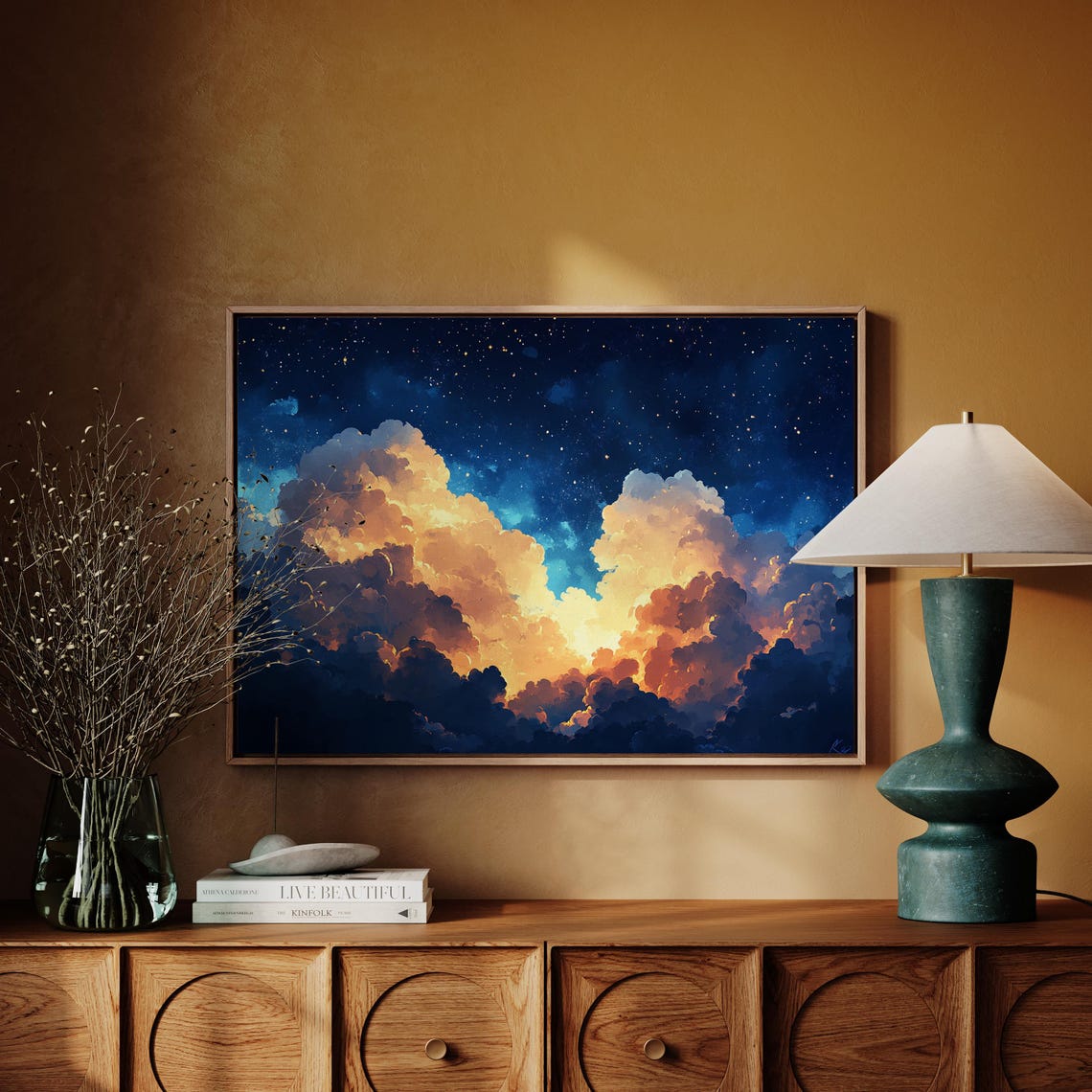 Celestial Cloudscape With Starlit Sky Dreamy Atmospheric Art Print Cosmic Night Glow - Image 3