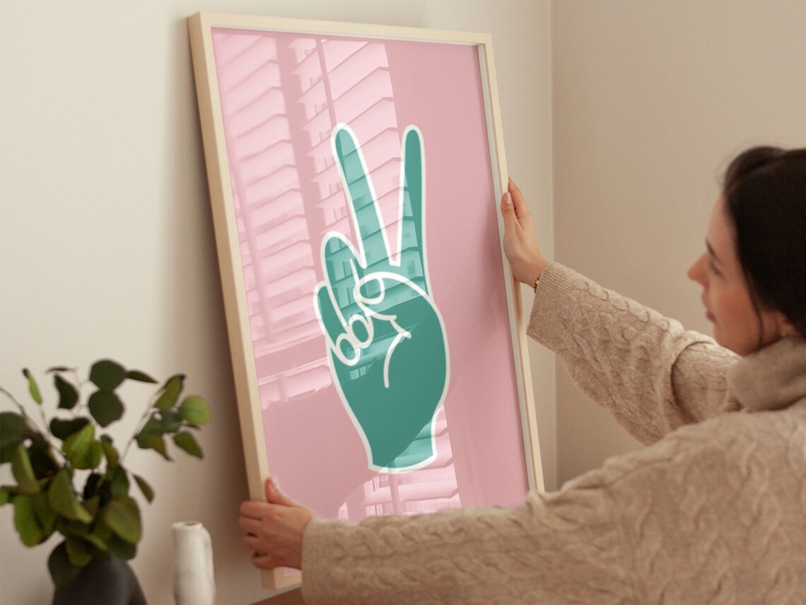 Peace Sign Hand Teal Pink Retro Groovy Positive Wall Art Poster