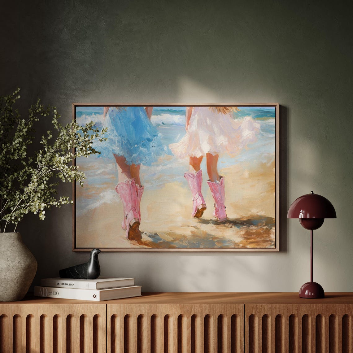 Girls In Pink Cowboy Boots Walking Beach Surf Impressionist Art Poster - Image 2