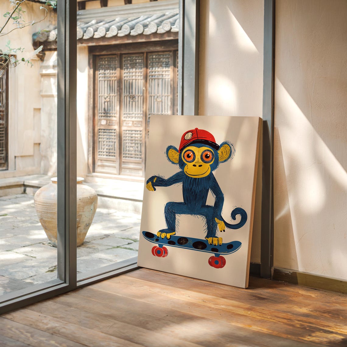 Playful Blue Monkey With Red Cap Riding A Skateboard Kids Wall Art - Image 3