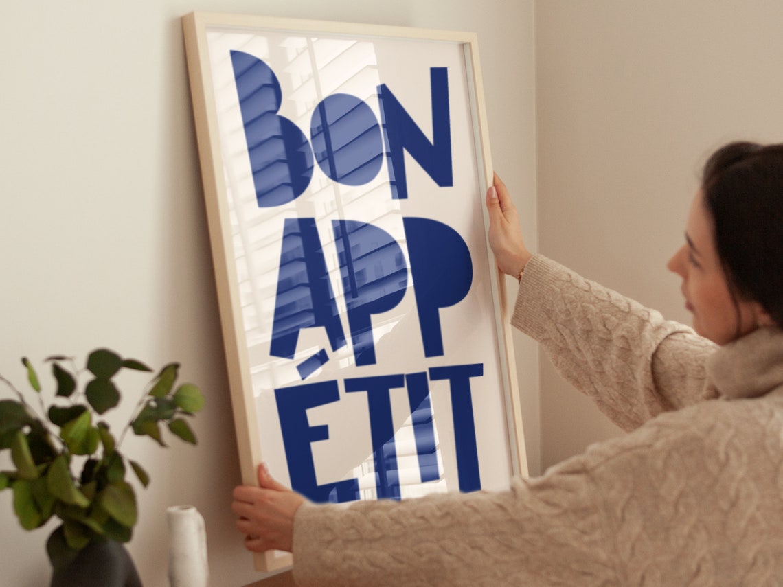 Bon Appetit Big Blue Letters Minimal Modern Kitchen Wall Poster