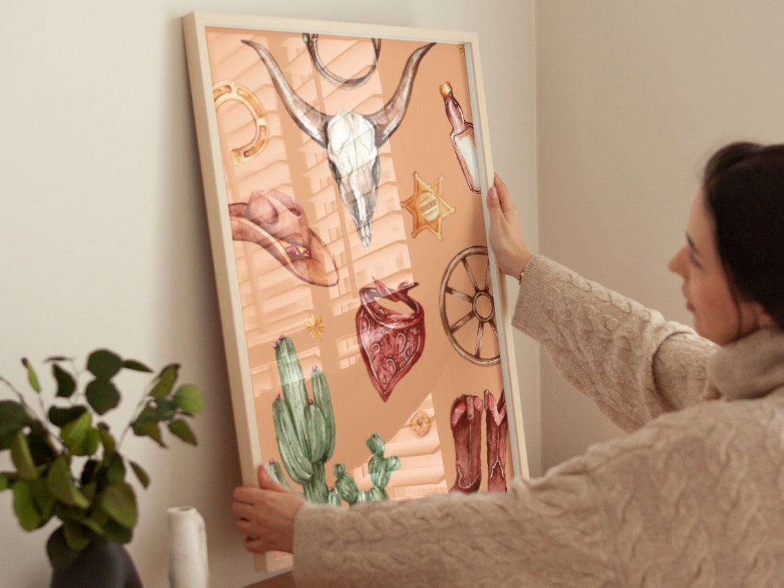 Western Watercolor Collage Longhorn Skull Boots Cactus Tan Poster - Image 4