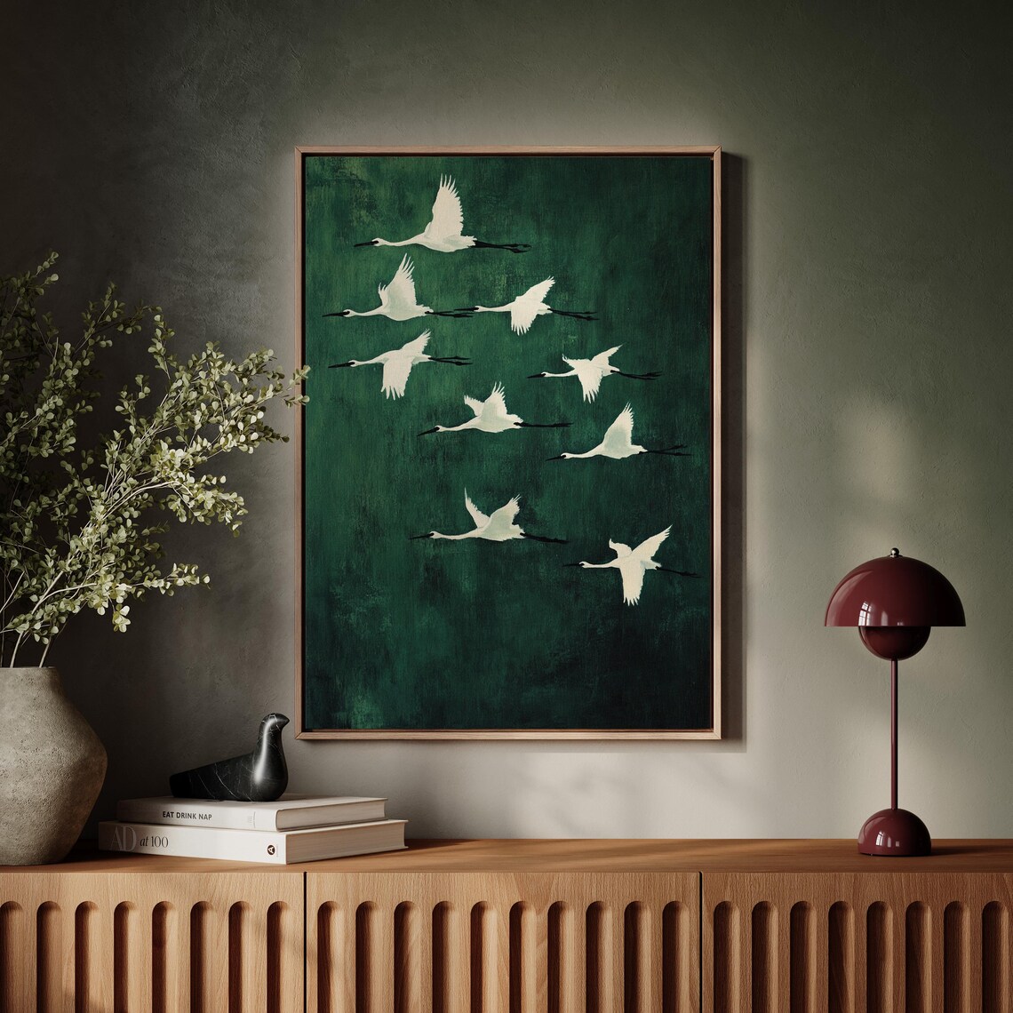 White Cranes Flying Over Dark Green Minimalist Bird Wall Art Poster - Image 5