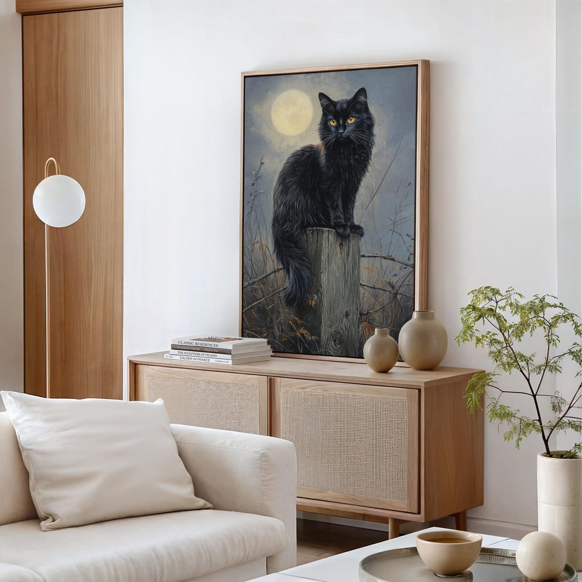Black Cat With Golden Eyes Under Moonlight Enchanted Art Print - Image 2