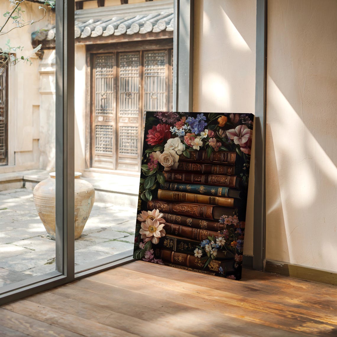 Vintage Book Tower Surrounded By Lush Florals Library Art Print - Image 5