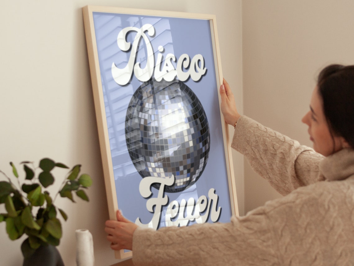 Disco Fever Script With Silver Disco Ball Retro Blue Music Wall Poster - Image 2