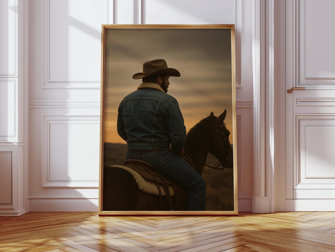 Rustic Cowboy On Horseback At Sunset, Americana - Image 3