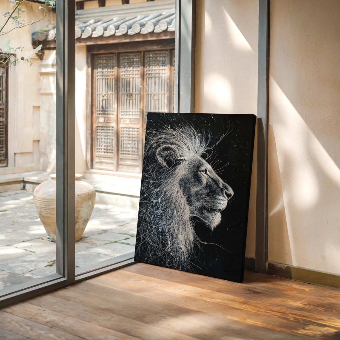 Lion Profile Scratchboard Style Black And White Wild Animal Wall Art Print - Image 2