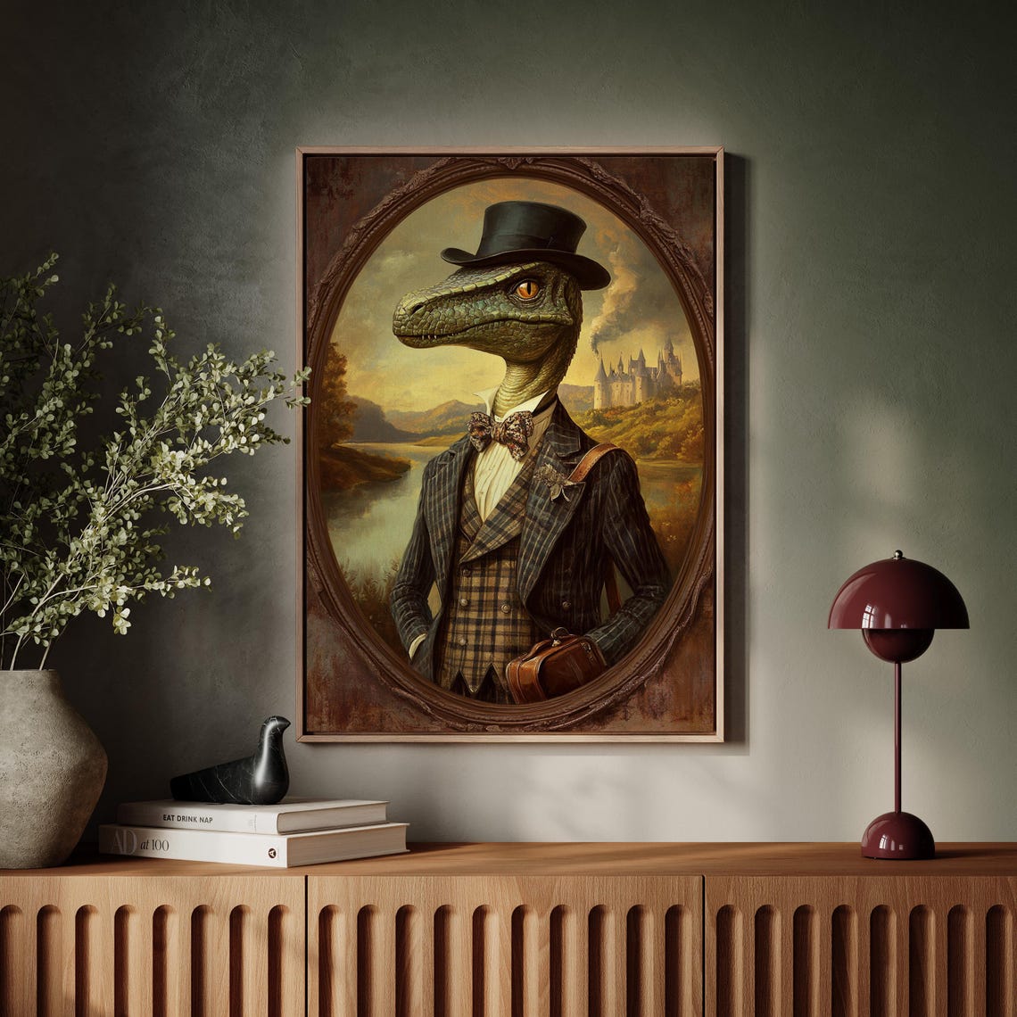 Dashing Dinosaur In Plaid Suit Victorian Style Animal Portrait With Castle Backdrop Wall Art Print - Image 5