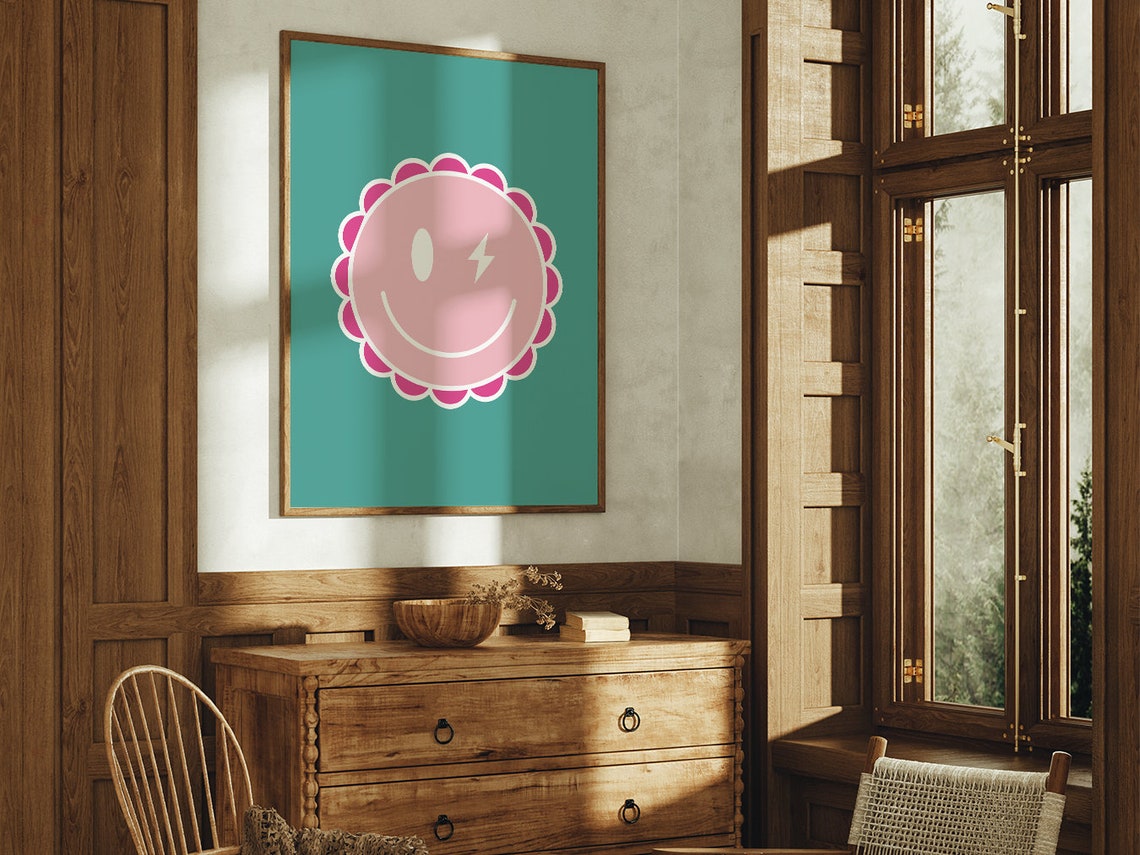 Trendy Pink Winking Smiley Face Retro Groovy Preppy Aesthetic Poster - Image 2
