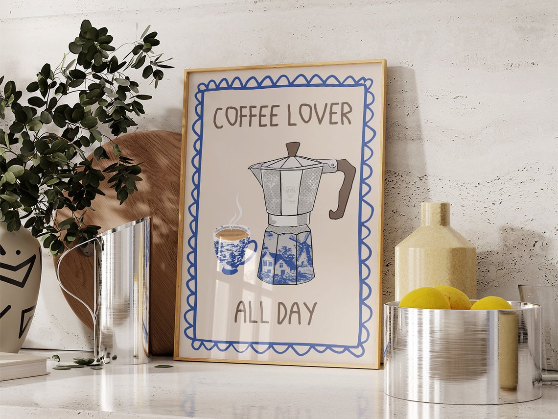 Coffee Lover All Day Moka Pot Cup Delft Blue Kitchen Typography Print - Image 2