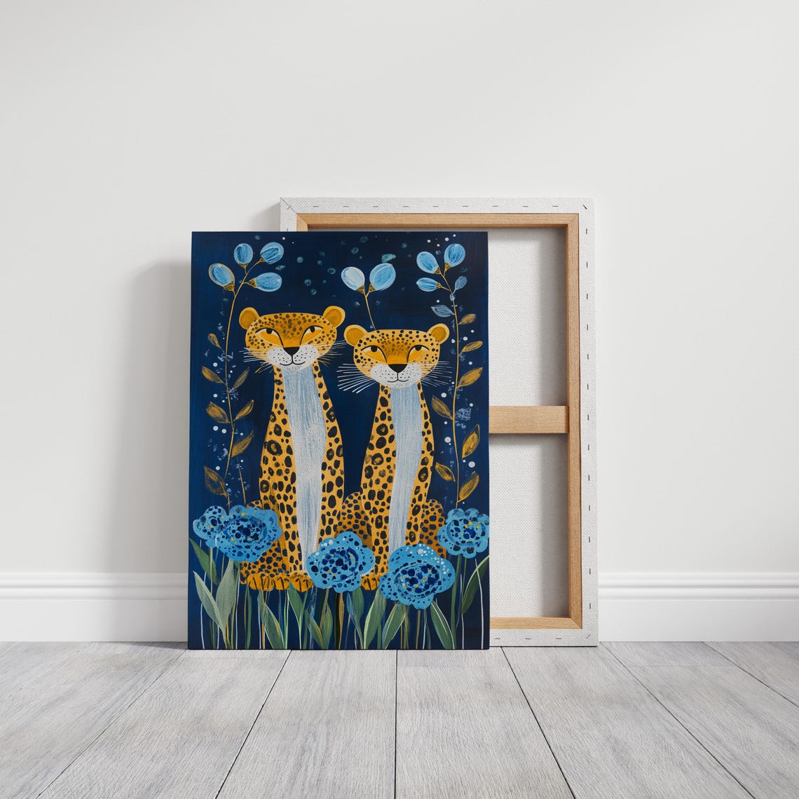 Cheerful Cheetah Pair Among Blue Flowers On Deep Navy Whimsical Poster - Image 4