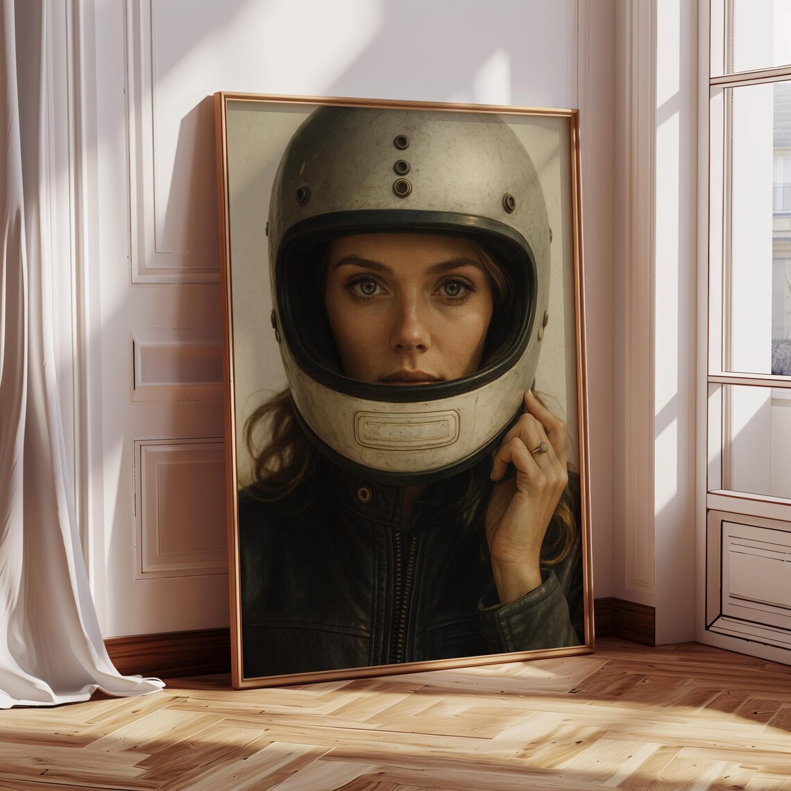 Vintage Helmet Woman Portrait, Retro Motorsport - Image 3