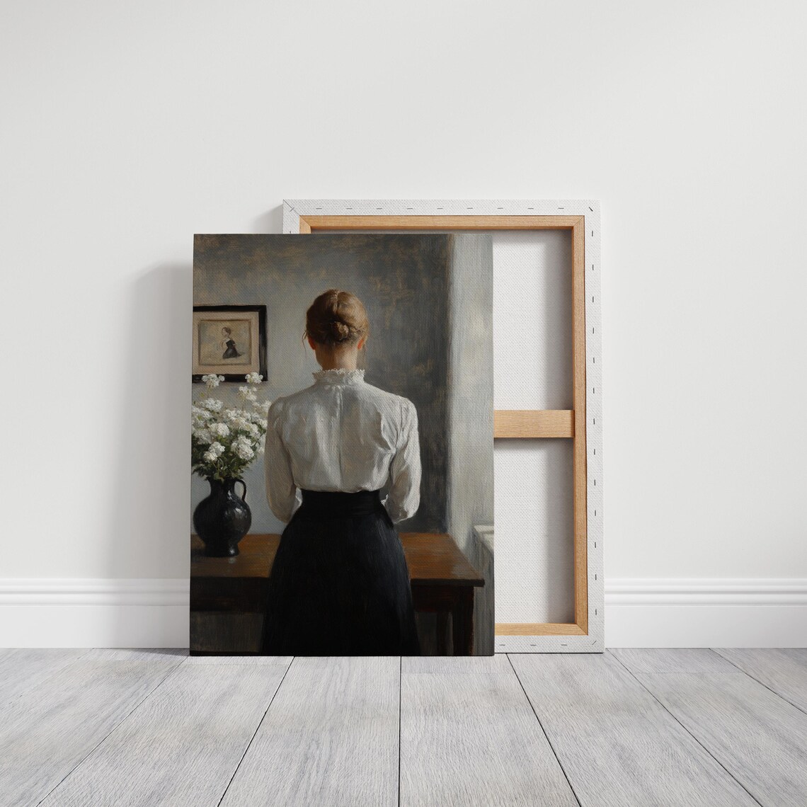 Vintage Woman Portrait Back View White Blouse Dark Skirt Classic Oil Painting Poster - Image 5