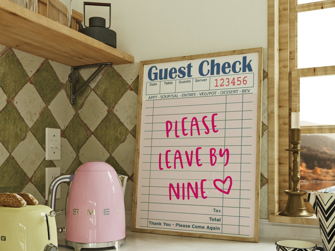 Please Leave By Nine Heart Guest Check Pink Kitchen Wall Art