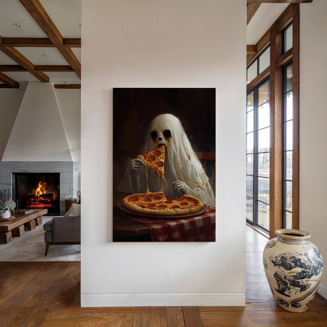 Ghost Eating Pizza Poster Funny Halloween Oil Painting with Pepperoni - Image 5