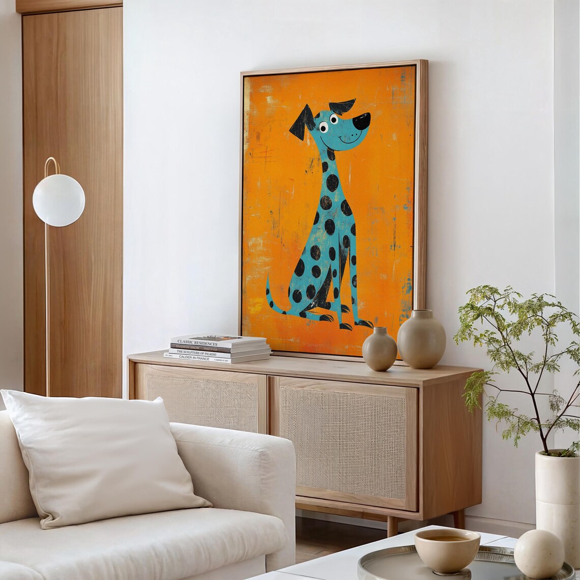 Blue Spotted Cartoon Dog Orange Background Whimsical Pet Art Poster - Image 5