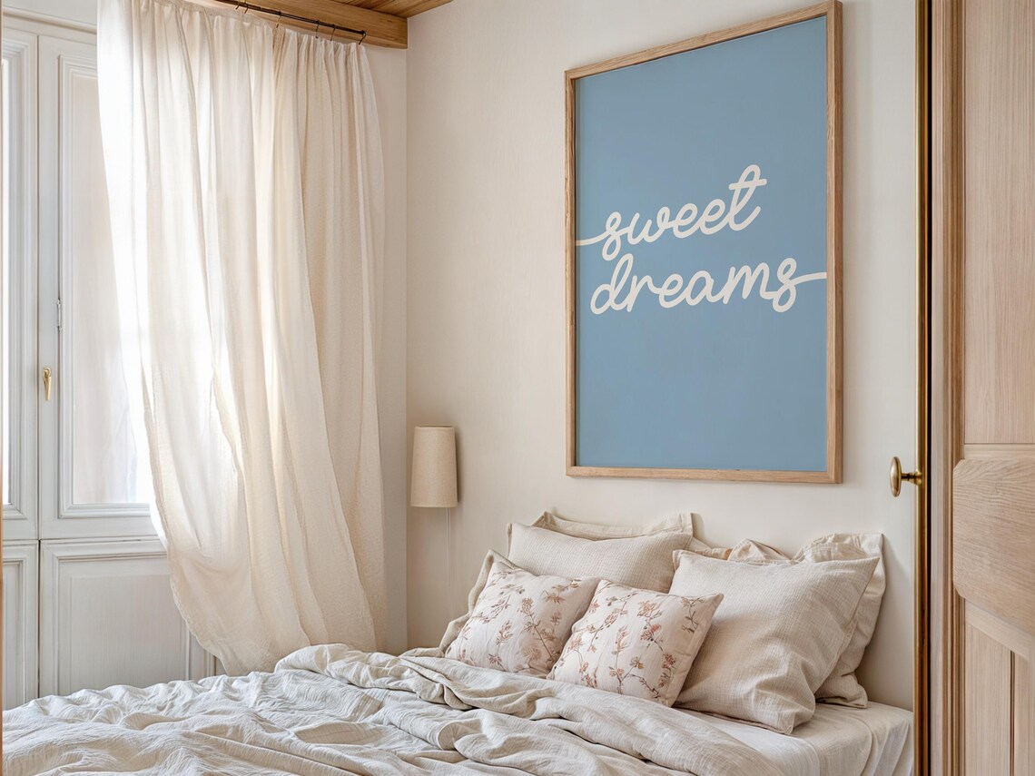 Sweet Dreams White Script Blue Aesthetic Minimalist Bedroom Quote Poster - Image 2