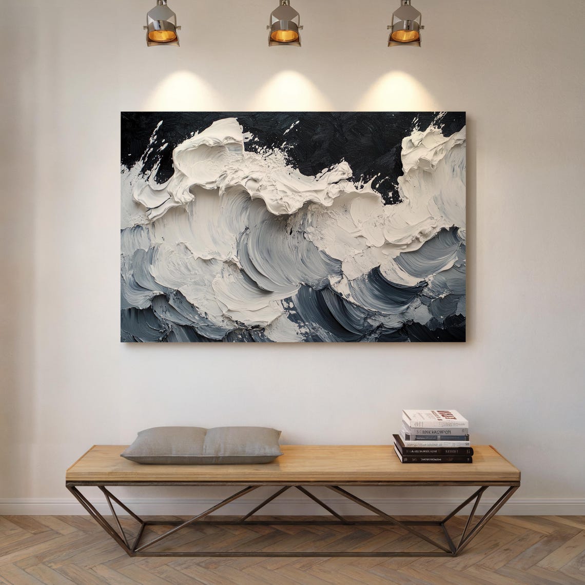Monochrome Ocean Wave Abstract Swirls Black White Textured Wall Poster - Image 5