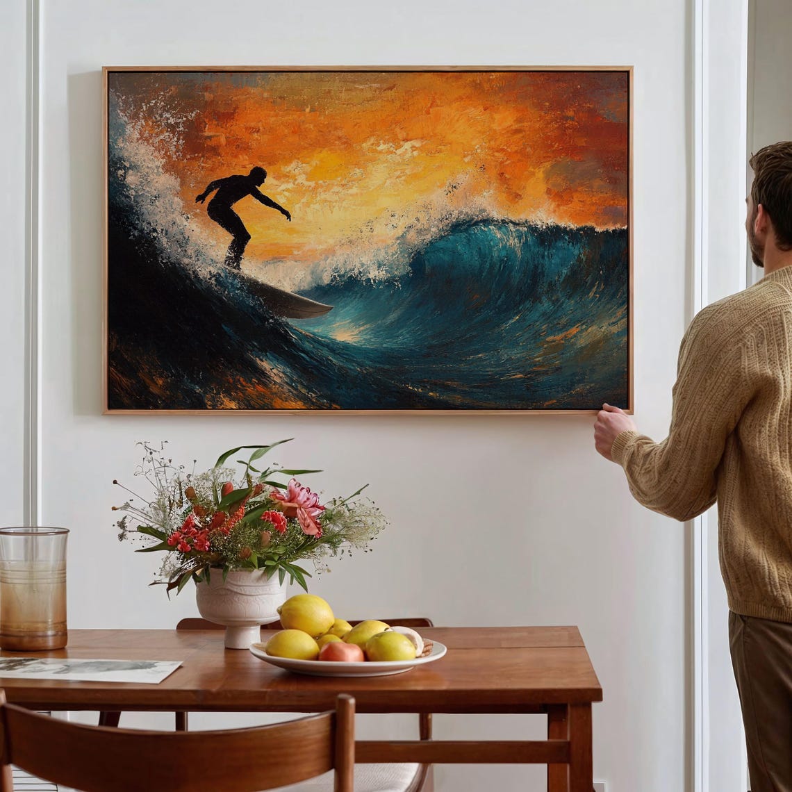 Surfer Silhouette Riding Sunset Wave Teal Orange Ocean Wall Art - Image 4
