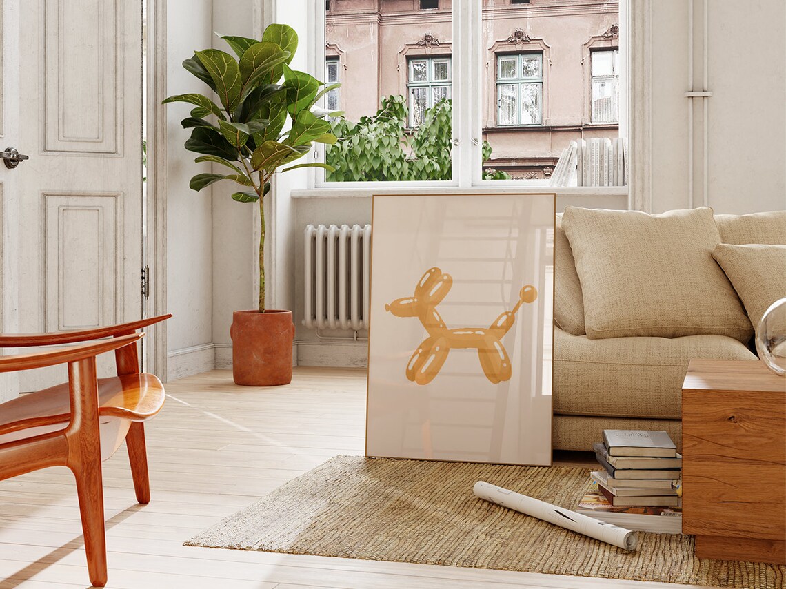 Golden Balloon Dog Minimalist Playful Boho Kids Party Room Poster - Image 2