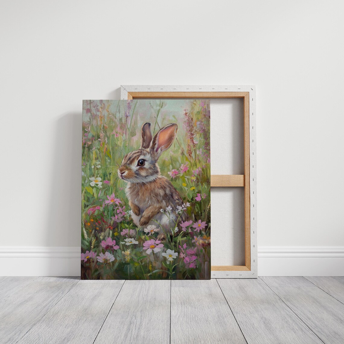 Sweet Bunny In Wildflower Meadow Whimsical Animal Painting Print - Image 3