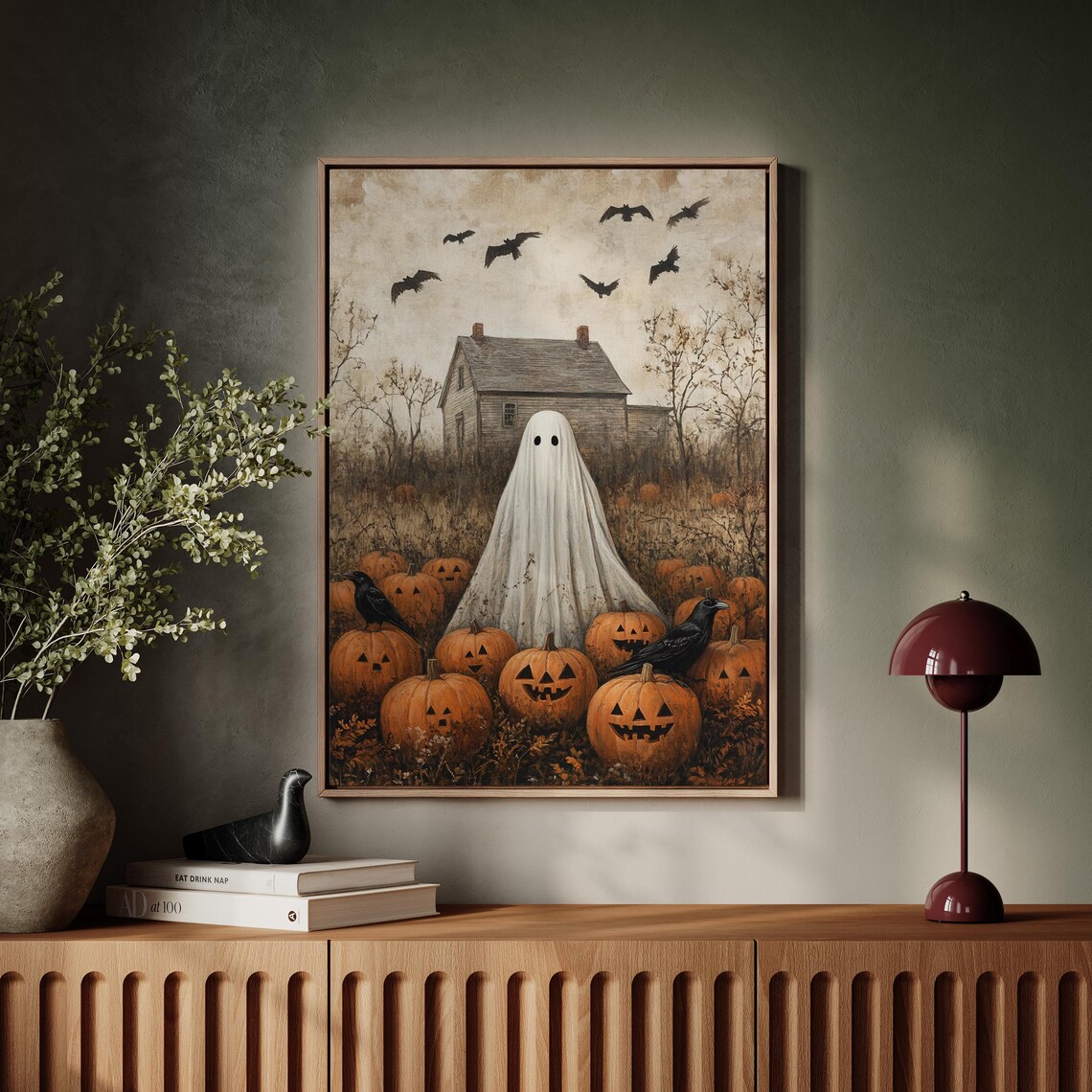 Cute Ghost Among Jack O Lanterns Vintage Halloween Haunted House Poster