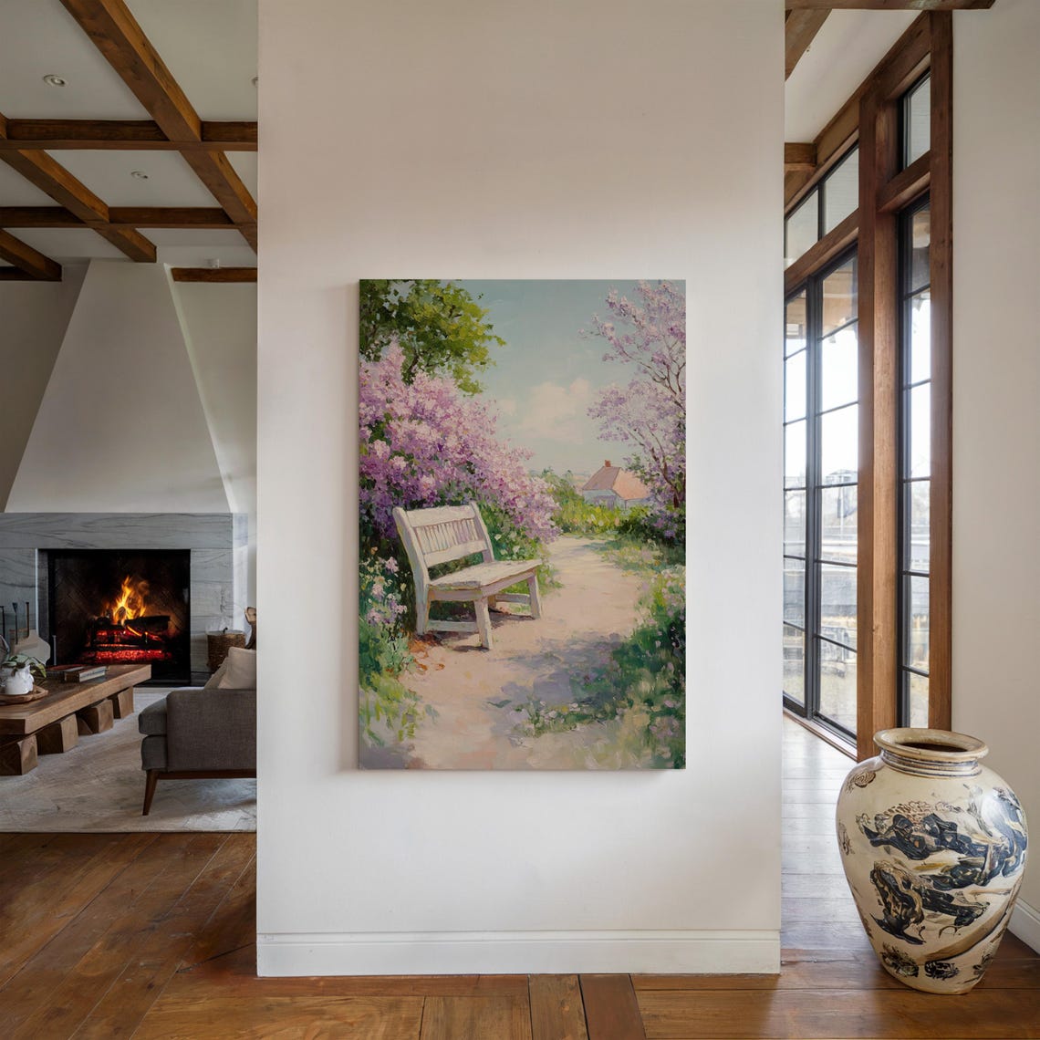 White Garden Bench Blooming Lilacs Spring Cottage Path Floral Poster - Image 5