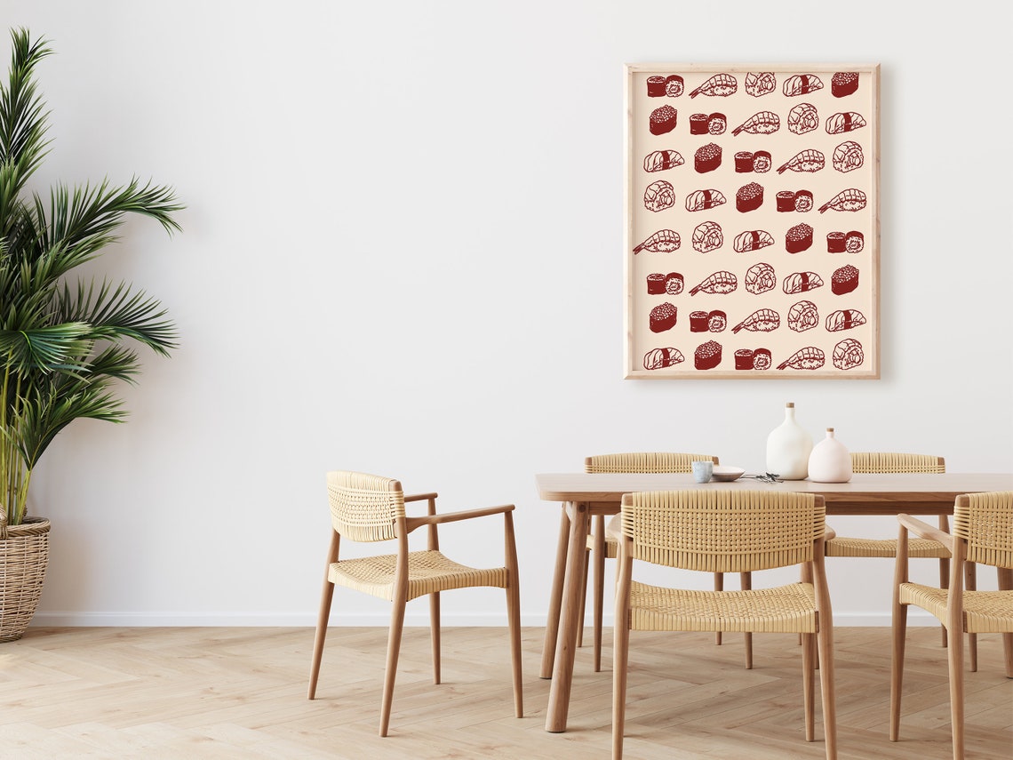 Red Sushi Pattern Grid Retro Japanese Food Kitchen Wall Art Print - Image 2
